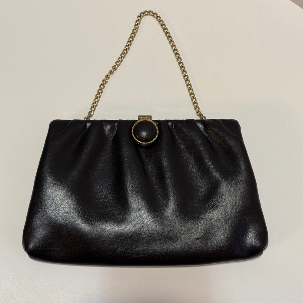 Vintage 1960’s Black Faux Leather Evening Clutch Bag Gold Chain Rockabilly